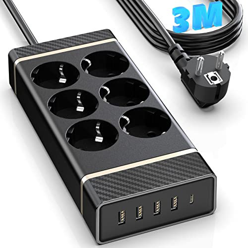 6-Fach Steckdosenleiste USB C PD 20W, Ohuo Mehrfachsteckdose 6 Fach mit USB C Wandmontage, Steckdosenleiste mit Schalter und 5 USB 3m Kabel