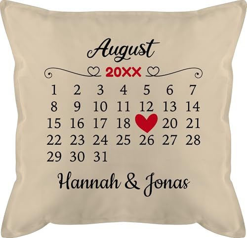 Kissen 50x50 - Partner Ideen Personalisiert mit Namen und Datum für Paare - 50 x 50 cm - Beige Natur - paarkisssen partnerkisen Valentinstag Paar Pillow