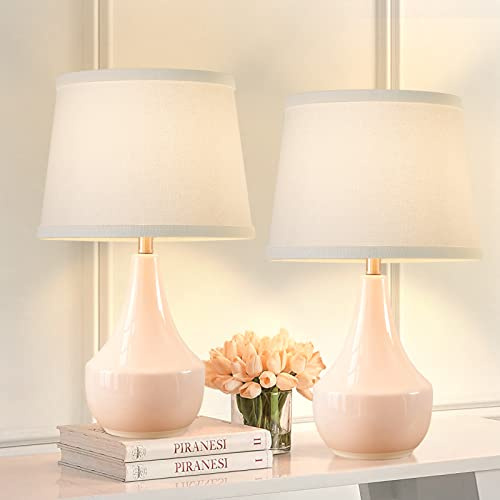 GyroVu 18 Table Lamp Set of 2, Ceramic Lamp Classic Beside Lamps Nightstand Lamp Modern Bedside Lamp for Living Room, Bedroom & Office Rocker Swtich Pink-LED Bulbs Included