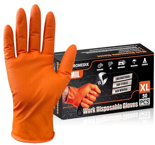 PROMEDIX P Heavy Duty Nitrile Disposable Gloves,8-mil Orange,Raised Diamond Texture Work Gloves，Industrial Work gloves