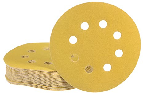 QUARKZMAN 25uds Amarillo Lijado Discos 5 Pulgadas 180 Grano Gancho y Bucle Lija Papeles 8 Agujeros Lijadora Profesional Papel para Automóvil Metal Madera