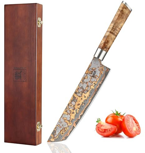 zayiko MysticMagma Damastmesser Küchenmesser Tanto 20,5 cm I Kochmesser Chefmesser aus 67 Lagen Damaststahl mit VG10 Kern 60±2 HRC I Ahornwurzelholz Griff mit Kupfer-Bronze-Muster I in Geschenkbox