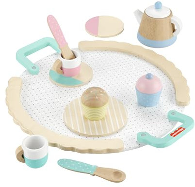 Fisher-Price Wood Pretend Play Toy Tea Set, 12-Piece Wooden Playset with Teapot, Cups & Saucers for Preschool Kids Ages 3+ Years, HXT82