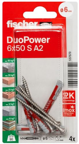 Fischer - Tasselli - Blister di 4 tasselli universali Duopower Ø6 x 50 mm + viti in acciaio inox A2 Ø4,5 x 60 mm - Fischer