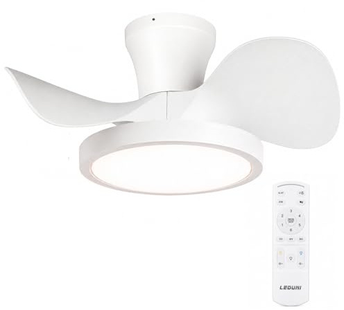 LEDUNI Ventilador de techo con luz LED 20W, motor DC 30W silencioso,ahorro energia y gran volumen de air, mando a distancia para cocina, dormitorio, comedor, patio Modos (Invierno/Verano) (Blanco)