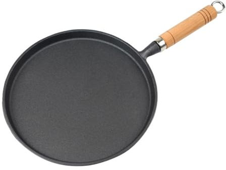BRAVECOW Padella in ghisa per pancake, piastra rotonda, spessa antiaderente, per tortilla, crêpe, manico in legno, non rivestita, 26 cm