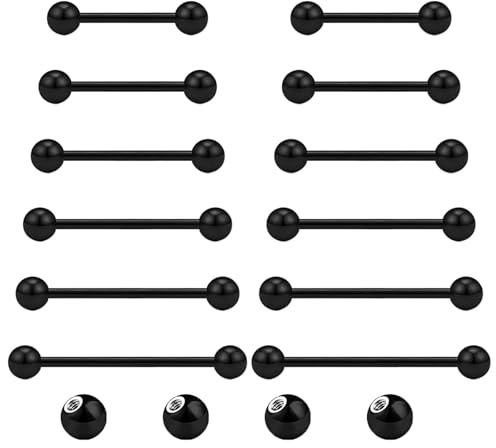 Gojewen 12pcs Piercing Langue Noir Mamelon Acier Chirurgical Piercing Langue Mamelon 10/12/14/16/18/20mm