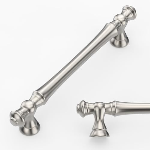 Amerdeco 6 Pack Brushed Satin Nickel Cabinet Pulls 128mm Hole Center Cabinet Hardware Kitchen Cabinet Handles for Bathroom Drawer Pulls Dresser Pulls AM022