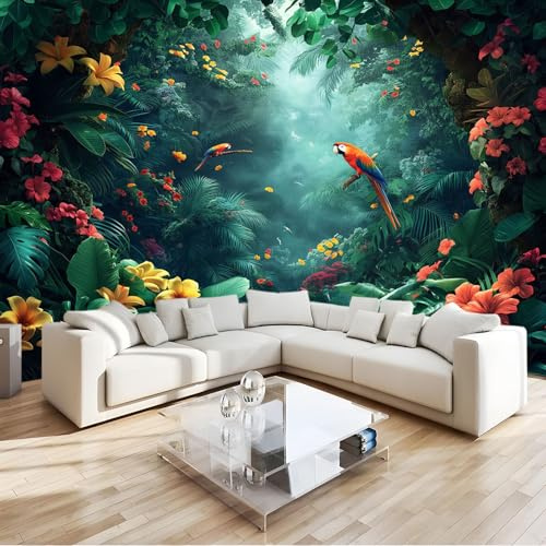 Papier Peint Panoramique 3D Plantes Fleurs Perroquet de la Forêt Tropicale Intissé pour Chambre Salon Mur TV Décoration Murale Coloré 350x256cm