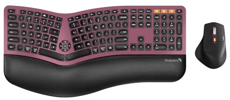 ProtoArc EKM01 Plus Souris ergonomique sans fil avec clavier ergonomique Bluetooth et design divisé, repose-poignet, multi-appareils, rechargeable, pour Windows/Mac OS – Bordeaux
