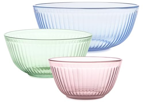 Pyrex Colors Tinted (3-Pack) Sculpted Tinted Unlidded Small/Medium/Large Glass Mixing Bowls, Nesting Space Saving Set of Bowls For Prepping and Baking, 1.3QT, 2.3QT & 4.5QT