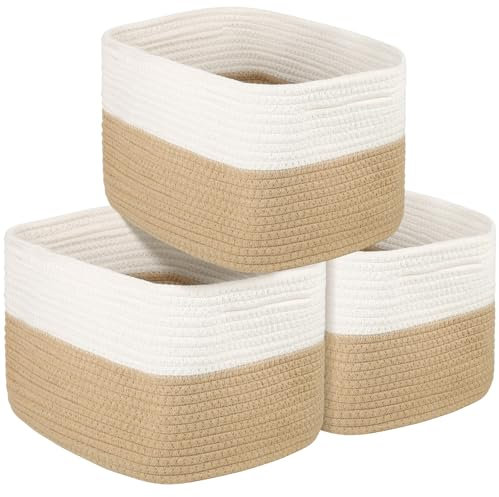 Aevcvok 3 Panier Rangement, Corbeille en Coton Tressé, Petits Paniers à Linge, Grand Paniers de Rangement avec Anses Invisible pour Salon, Panier à Jouets pour Chambre d'enfant,36x25x22cm,Jute & Blanc