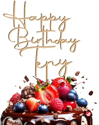 KreateSquare Personalised Birthday Cake Topper Customised with Any Name, Wooden Happy Birthday Cake Decorations, Perfect for 18th, 30th, 40th, 50th, 60th, 80th & 90th Birthdays (Natural Wood)