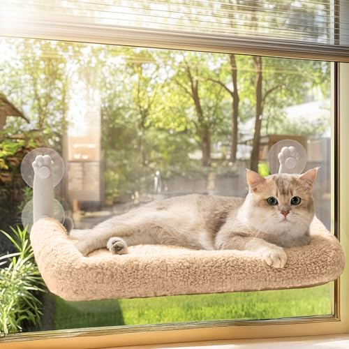 MEWOOFUN Cat Window Bed Hammock for Indoor Cats - Foldable Cat Window Perch w/Reversible Mat, Upgrade Strong Suction Cups Sturdy (Brown, M - with bed)