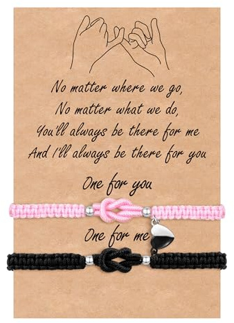VGWON Bracciali Coppia, Bracciali Amicizia, Regalo Coppia Originale, Braccialetti Nodo D'amore, Regalo per Fidanzato, Fidanzata, Sorella, Amica, 2 Braccialetti Rosa e Nero Abbinati Fatti a Mano