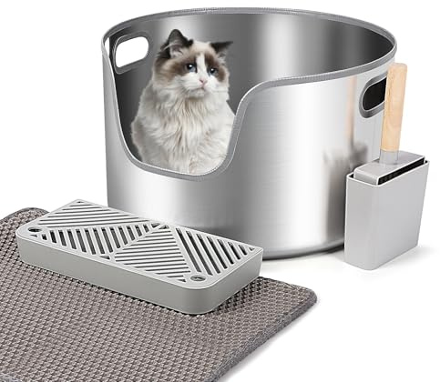 Bartuke kattlåda i rostfritt stål, rund högsidig kattlåda i metall med skopa, filterpedal och kattlådematta, klibbfri, luktfri, enkel rengöring