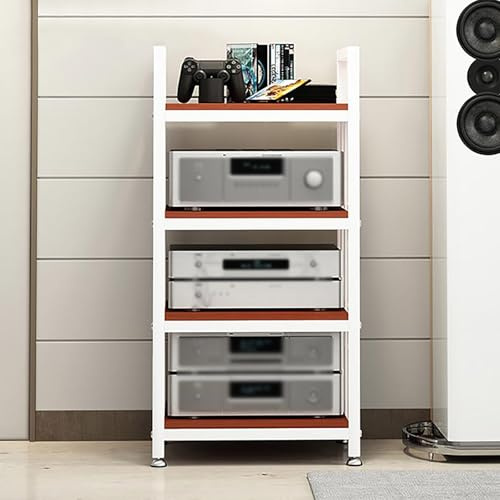 HiFi Regal Audio Rack 4 Ebenen offener CD-Player-Ständer 100cm hoch AV-Medienständer mit verstellbaren Ablage Robustes DVD-Plattenspielerständer aus Holz & Stahl for Wohnzimmer Büro(White+Teak Wood)