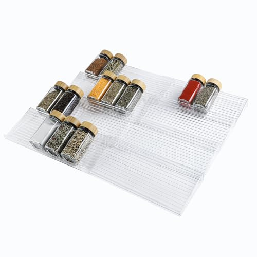 Wlicon 8 Stück Acryl Gewürz Organizer Schublade Acryl Gewürzregal Schublade Ausziehbar von 28 CM bis 56 CM Transparenter Gewürzschubladenorganizer für Küche Schrank Tisch