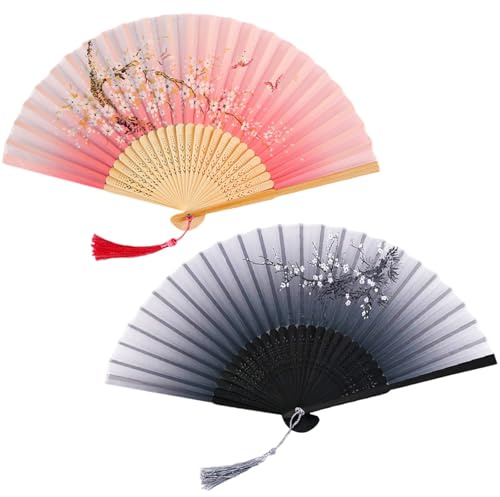 PORUPAEL 2 Pack Folding Fans, Handheld Bamboo Silk Fabric Folding Hand Fans with Tassel Wooden Chinese/Japanese Folding Hand Held Fans for Women Wedding Party Wall Decoration