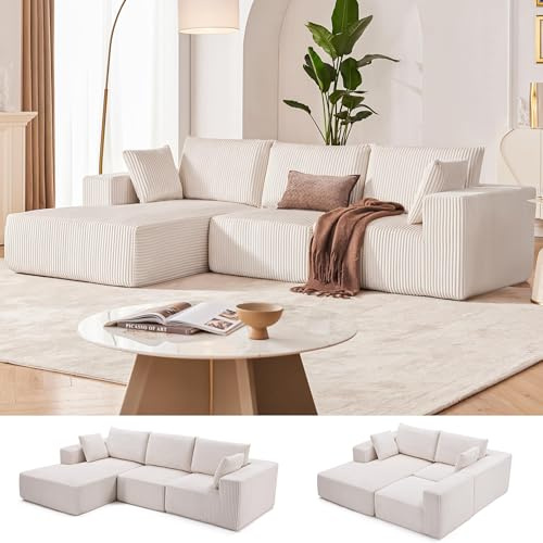 Howjoe Ecksofa mit Schlaffunktion, Big Sofa mit Schlaffunktion L-Form, Wohnzimmer Boneless Couch, Ecksofa mit Schlaffunktion Cord, modular Cloud Sofa, Sofas & Couches, Maße 275 x 174 x 59 cm, Beige