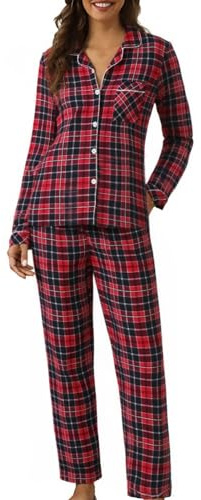 Générique Pyjama Femme Flanelle Coton Confortable Boutonné Manches Longues Pyjama à Carreaux d'automne et d'hiver Noël Chemise et Pantalons