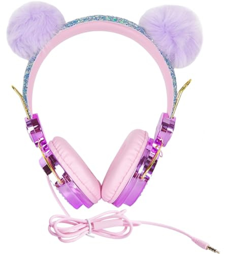 UTHCLO Casque Audio Garçon et Filles avec Microphone Écouteurs Circum-Aural Confortables Design Licorne avec Strass et Boule Duveteuse Violet Câble 12 M Adapté Couleur Aléatoire