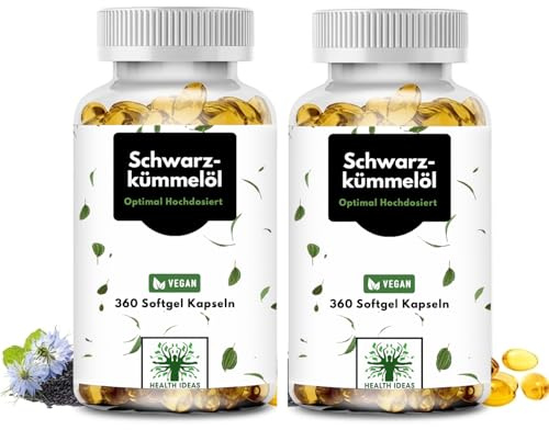 Schwarzkümmelöl Kapseln (Nigella sativa) – 360 Kapseln für 6 Monate – 2.000 mg Schwarzkümmelöl pro Tag – mit Oreganoöl, Vitamin E & Kurkuma – kaltgepresst, naturrein & laborgeprüft (2 Stück)