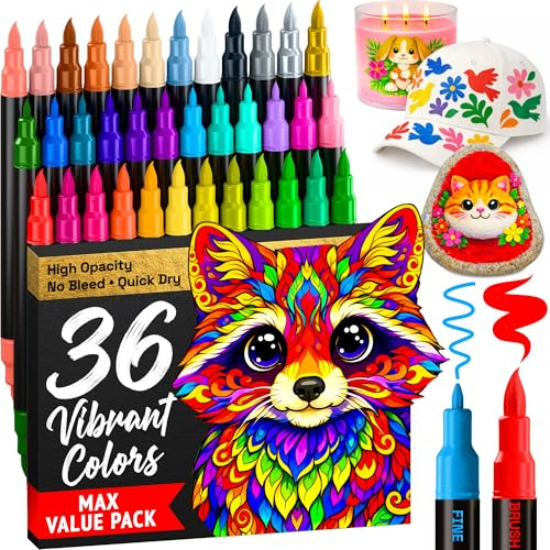 ARTISTRO 36 Acrylic Paint Markers - Paint Pens for Drawing, Brush + Fine Tips - For Fabric, Rock, Glass, Wood, DIY, Eggs - Art and Craft Supplies for Adults, Teens, Kids - Easter Basket Stuffers