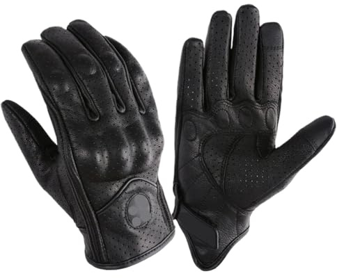 Genérico Compatible con SUOMY, Guantes de Motocicleta de Cuero de Cabra Perforados Retro for Hombre, Guantes de Ciclismo Negros clásicos for Montar en Moto(Black-Hole,M)