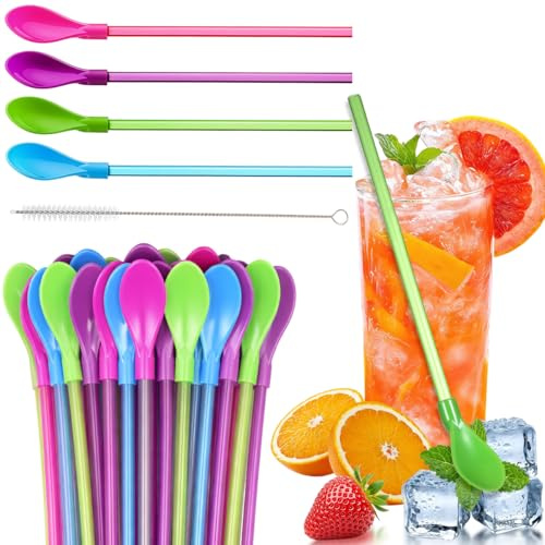 25 Stück Strohhalm Mit Löffel,Hart Wiederverwendbare Löffelstrohhalme,Trinkhalme Löffel,Slush Strohhalme Mit Löffels,Für Slush Eis Becher,Milchshakes,Joghurt & Cocktails
