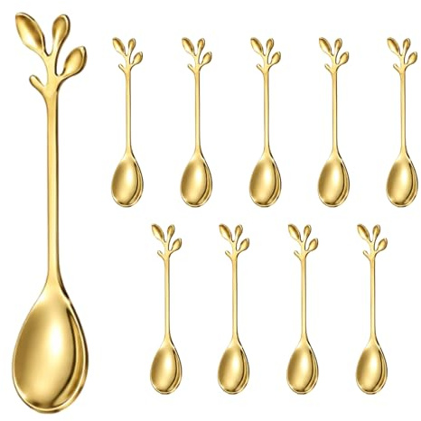 10 Pack 4.7 Gold Stainless Steel Espresso Spoons Rose Handle Tea Dessert | Rust-resistant polished finish, burr-free edges, comfortable grip, ideal for honey, demitasse, coffee bars & everyday use.