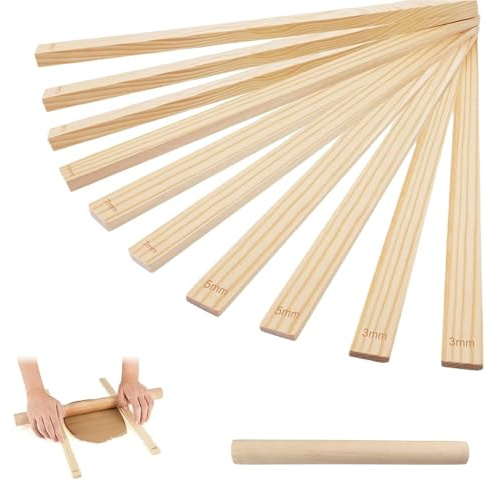 11Pcs Clay Rolling Pin Set, Wooden Pin with 10 Thickness Guide Rings | Wood, for Pottery/Polymer Clay/Fondant