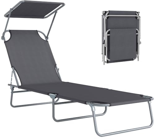 Outsunny Tumbona Plegable Reclinable con Toldo 187x58x36 cm Gris | Tumbona de Jardín Exterior, Toldo Desmontable, Ángulo Regulable, Respaldo Ajustable 4 Niveles, Terraza Piscina Patio