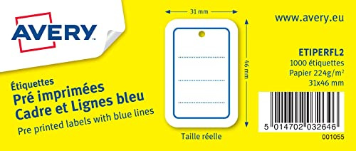 AVERY - 1000 Étiquettes Perforées Pré Imprimées Cadres et Lignes Bleus - Format 31 x 46 mm - Papier 224g/m²