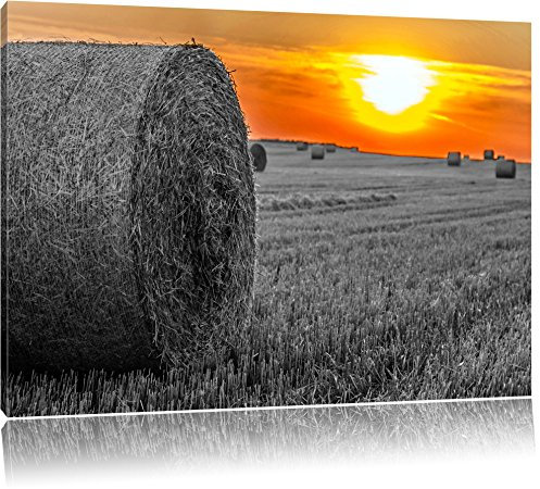 Pixxprint Strohballen auf Feld bei Sonnenuntergang B&W, Größe: 120x80cm, Leinwandbild, fertig gespannt, Wandbild, Dekoration, Kunstdruck, kein Poster