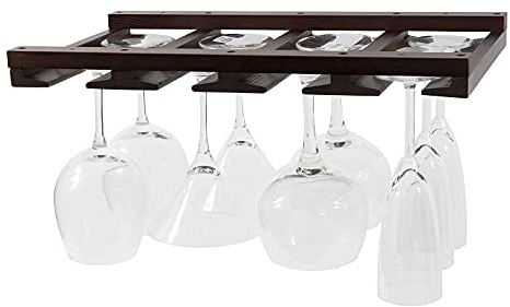 Rustic State Eze 4 Sectional Wood Under Cabinet Wine Glass Holder Wine Glass Rack Hanging Shelf Stemware Bar Organizer - 12 Wine Glass Storage - 10 Inch Deep - Chestnut Stained