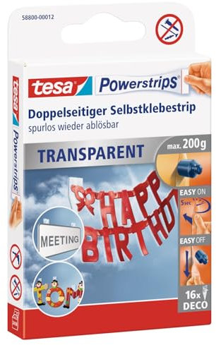 tesa Powerstrips transparent Deko - doppelseitige Klebestreifen für leichte Dekorationen, bis zu 200 g Haltekraft - selbstklebend, spurlos ablösbar - 1 x 16 Streifen