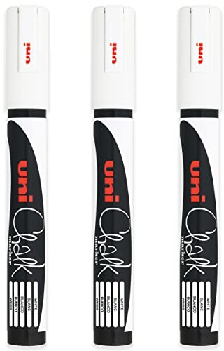 Uni White Bullet Nib Tip (1.8 - 2.5mm) Liquid Chalk Marker Pen Colour Whiteboard Blackboard Chalkboard Menu Glass Windows Wet Wipe Non Permanent (Pack Of 3) PWE-5M