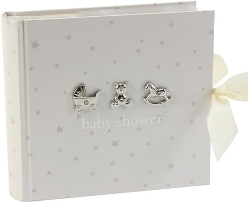 Beautiful BambinoBaby Shower 6 x 4 Slip in Photo Album - White with Silver Stars & Icons