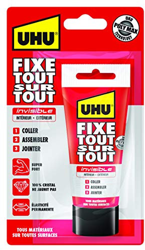 UHU Fixiert alles unsichtbar - transparenter Befestigungskleber zum Kleben, Zusammenbauen und Verkleben, SMP Polymer-Technologie, lösungsmittelfrei, transparent, 75 g Tube