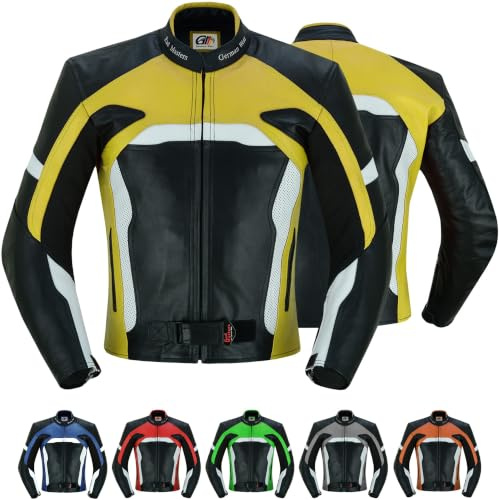 German Wear Herren Motorradjacke Lederjacke mit Protektoren Frabe:Gelb;Größe:2XL