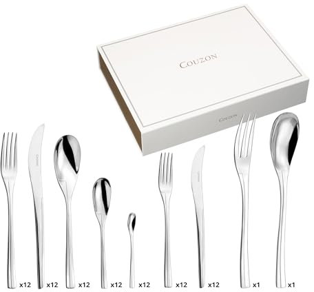 COUZON - Ménagère 86 couverts de table en coffre bois pour 12 personnes - Persane - Acier inoxydable 18/10, Finition Miroir, Epaisseur 4 mm - Inox