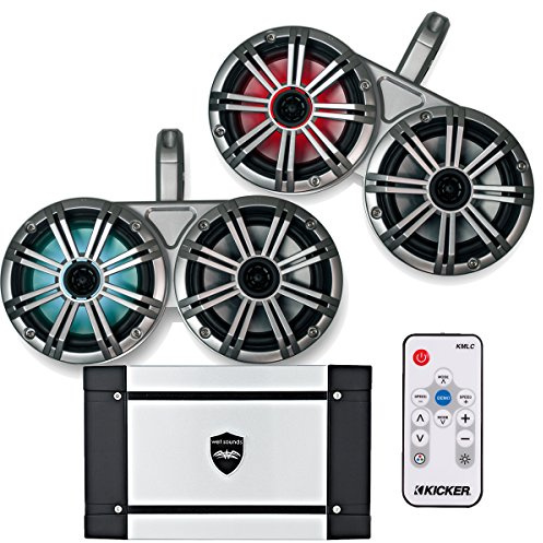 KICKER White Dual Wake Tower System w/ 4 Silver 6.5 LED Speakers, LED Remote and Wet Sounds HT-4 400 Watt Marine Amp