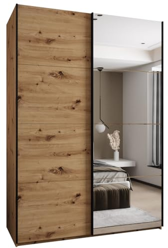 ABIKSMEBLE LUX 3 Élégante Armoire à 2 Portes Coulissantes avec Miroir sur la Porte - Fermeture Silencieuse - Système HETTICH Topline L - 245,5x180x64cm - Artisan, Artisan, Noir