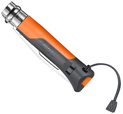 Opinel-Messer 1577 Nr. 8 Outdoor, Stahl Sandvik 12C27, rostfrei, Teilsägezahnung, Griff orange, Signalpfeife, Schäkellöser