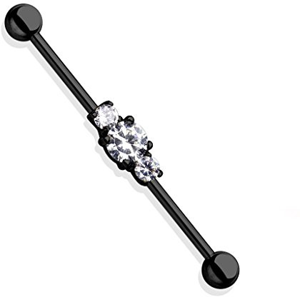 Gekko Body Jewellery Black Ion Plated over Surgical Steel Three Clear CZ Gem Industrial Barbell/Scaffold Bar