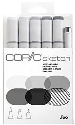 COPIC Sketch Set Sketching Grays, 5 Twin Marker mit einer mittelbreiten und einer Brush-Spitze inkl. Multiliner SP Black 0,5 mm