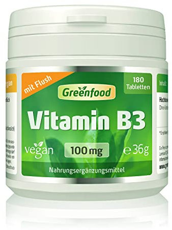 Vitamin B3 (mit Flush!), hochdosiert, 100mg - 180 Tabletten, vegan. Niacin - für Energiehaushalt, Balance & Vitalität. OHNE künstliche Zusätze - laborgeprüft. Von Greenfood.