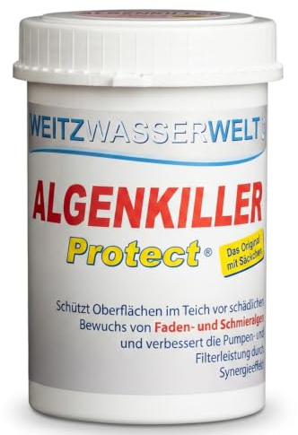 ALGENKILLER Protect® - Der Algenenferner für den Teich. Algen und Grünbelag abbau mit Synergieeffekt verbessert die Pumpen- und Filterleistung. Optimaler Oberflächenschutz mit Langzeitwirkung.