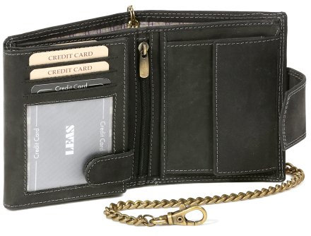 LEAS Kettenbörse Bikerbörse mit Kette Bikerkombibörse Trucker im Hochformat mit Außenverschlussknopf MCL im Vintage-Stil in Echt-Leder, schwarz